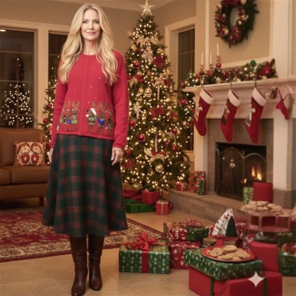 Vintage Ugly Christmas Sweater SZ Large Granny Zip Up Cardigan Knit Holiday Red